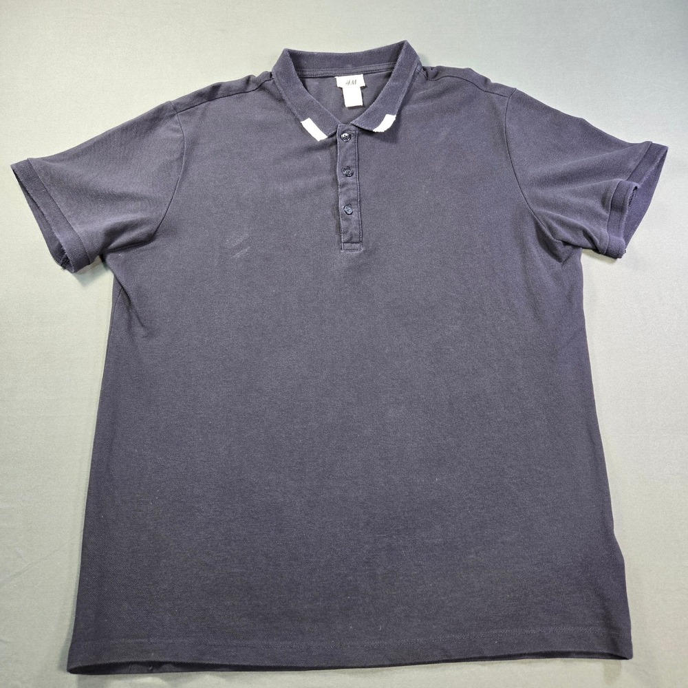 H&M Mens Navy Blue Cotton Pique Short Sleeve Polo Shirt Tipped Collar Size Large